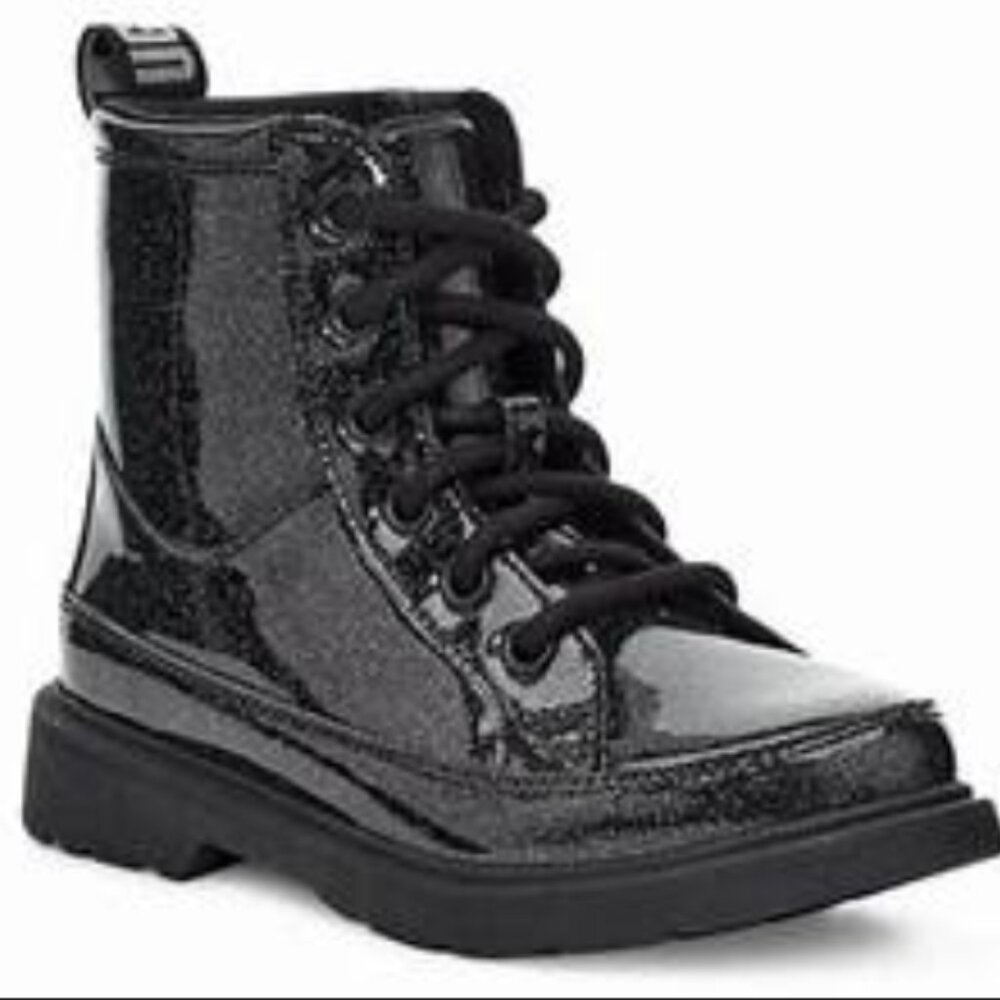 UGG Girls Size 4 Black Robley Glitter Boots Side Zip Lace Shiny EUC